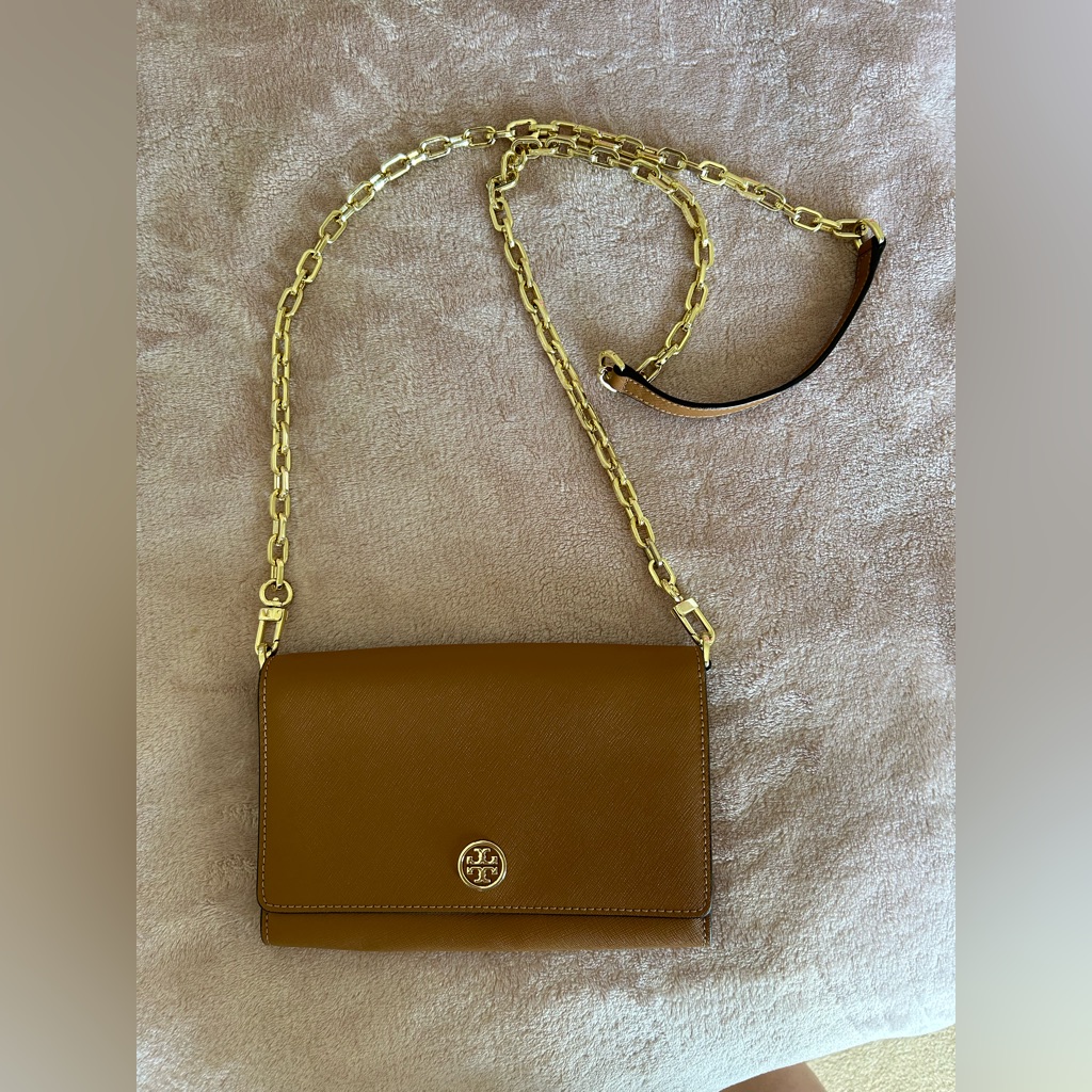 Tory Burch Wallet On Chain, Tan With Gold Detail